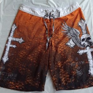 Affliction Board Shorts Size 36 Orange Skulls